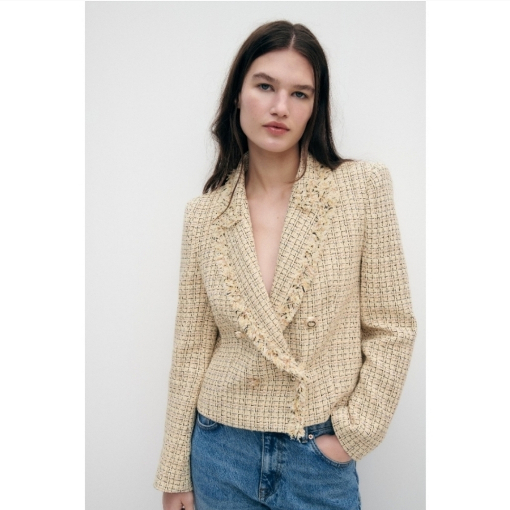 SOLD Zara Tweed Cropped Blazer Sz M Butter Yellow Double Breasted Preppy - Picture 1 of 13